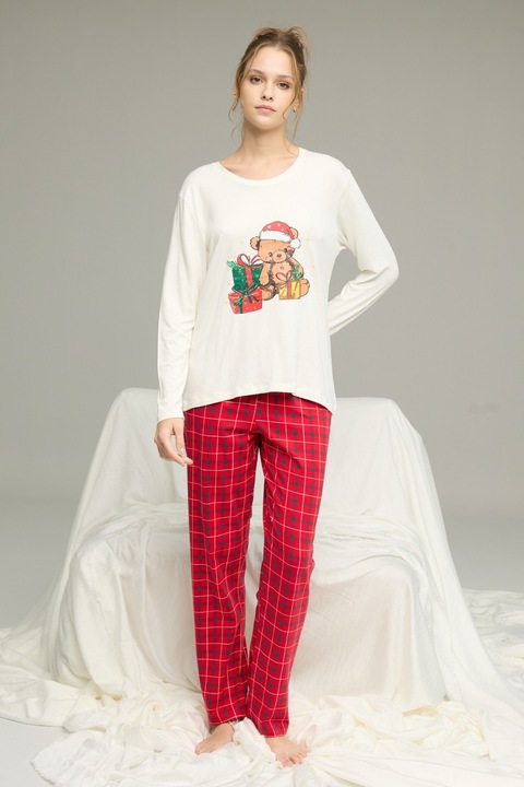 Pijama dama Sexen, set, bluza alba cu design ursulet, pantaloni rosii in carouri, confortabila, elastica