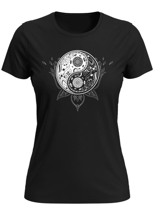 Tricou Yin Yang cu Floarea Vietii, femei, Negru