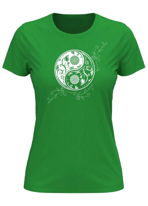 Tricou Yin Yang cu Floarea Vietii, femei, Verde