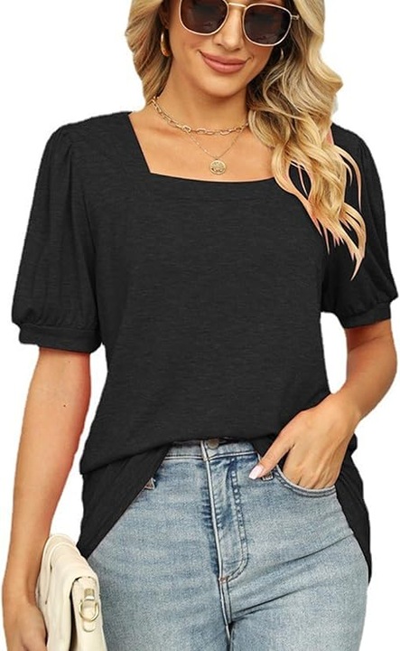 Tricou femei, FANGJIN, decolteu pătrat, maneci scurte, negru, Negru