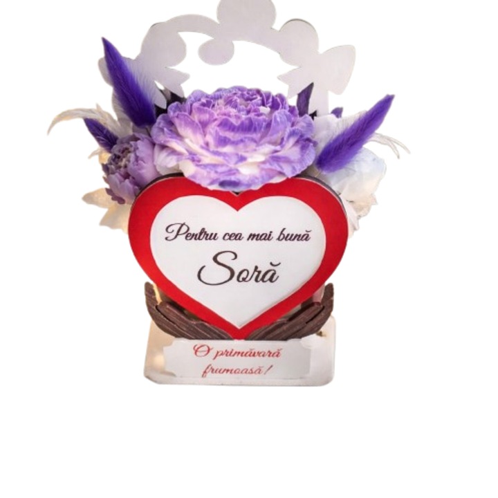 Martisor floral, VICTINY, cosulet din ceara de soia naturala, flori uscate, mov, set decorativ