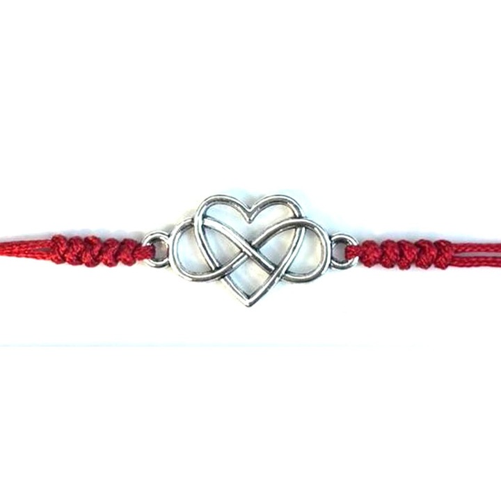 Martisor tip Bratara cu Pandantiv Metalic, Jolie, cu Snur Textil Rosu Impletit, Model Inima Infinit, Dimensiune Reglabila, Ambalata Individual