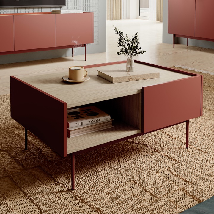 Set masă de cafea Kelowna, 2 sertare, PAL laminat, roșu/dab linea, 45x97x65 cm