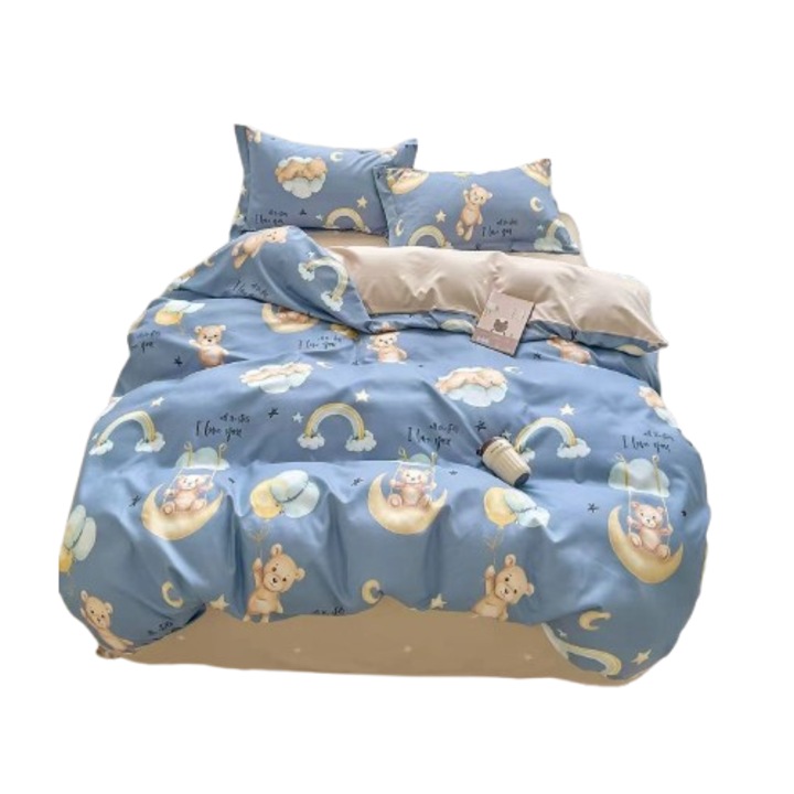 Lenjerie de pat, 1 persoana, fara elastic, 140X200, cm, Imprimeu ursulet pe luna