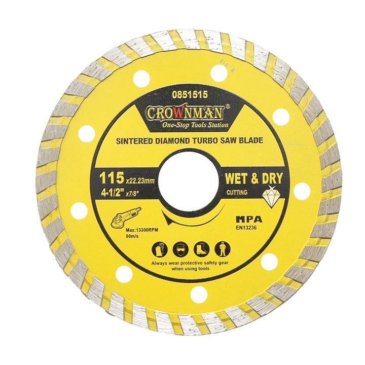 Disc diamantat turbo sinterizat 115x22.23mm, taiere umeda/uscata pentru piatra, gresie, ceramica, marmura Crownman