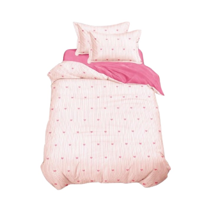 Lenjerie de pat, 1 persoana, fara elastic, 140X200, cm, Imprimeu inimioare