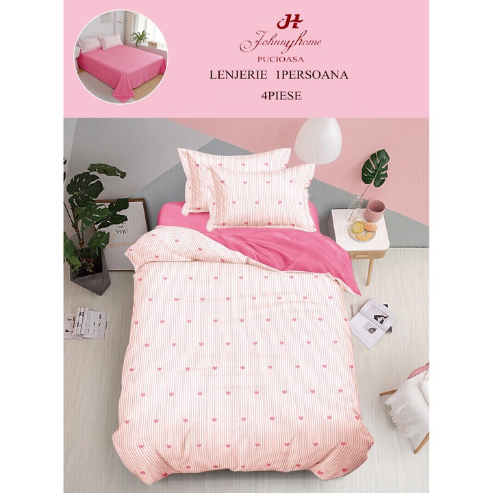 Lenjerie de pat, 1 persoana, fara elastic, 140X200, cm, Imprimeu inimioare