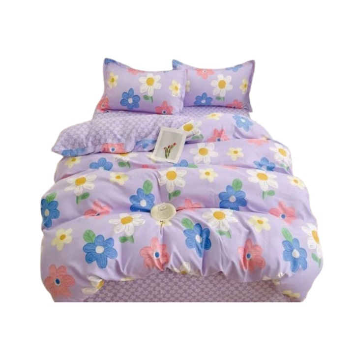 Lenjerie de pat, 1 persoana, fara elastic, 140X200, cm, Imprimeu floricele