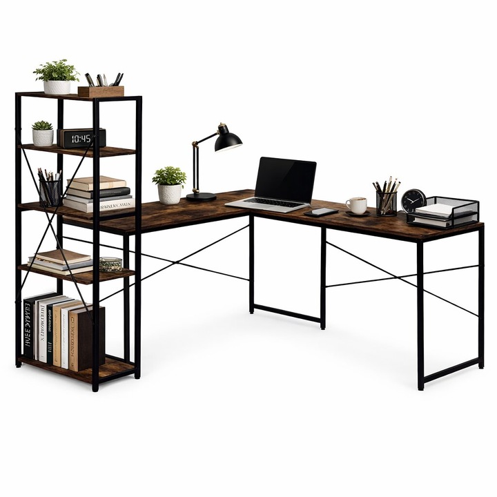 Sarok íróasztal polccal, 3 polcos, MDF, fém, 145x145x119,5cm, többszínű