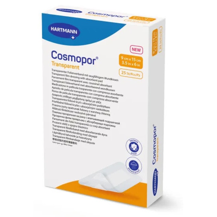Pansamente sterile autoadezive Cosmopor, transparente, 9x15 cm, set 25 buc, pentru rani postoperatorii si leziuni minore