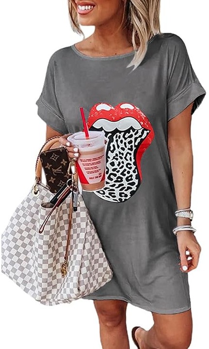 Rochie scurtă Maavoki, fără mâneci, gri, model buze, mărime S