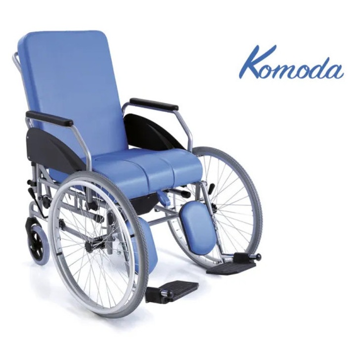 Scaun comoda, komoda, otel vopsit, spatar rabatabil, piele sintetica albastra, 40x65x106cm