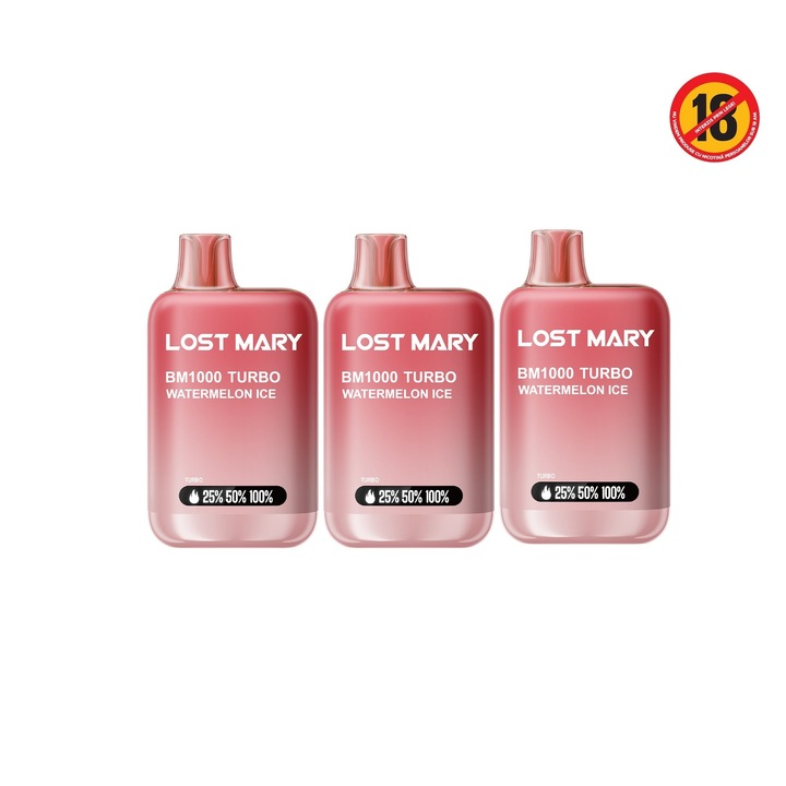 Pachet 3 tigari electronice de unica folosinta Lost Mary BM1000 Turbo, Watermelon Ice, 2ml, 20mg NicSalt, 1000 pufuri, 65x36x17.4mm