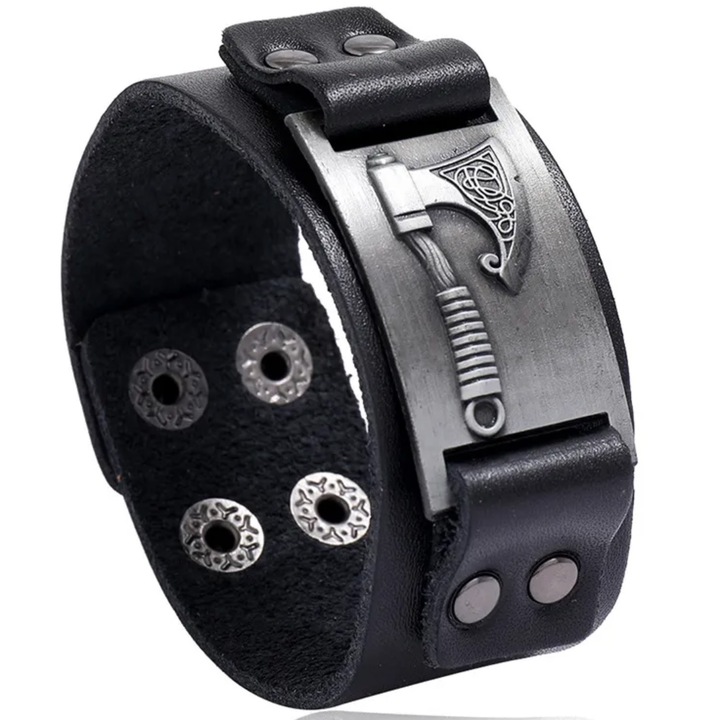 Brățară bărbați, IZMAEL, piele ecologică, neagră, 22cm