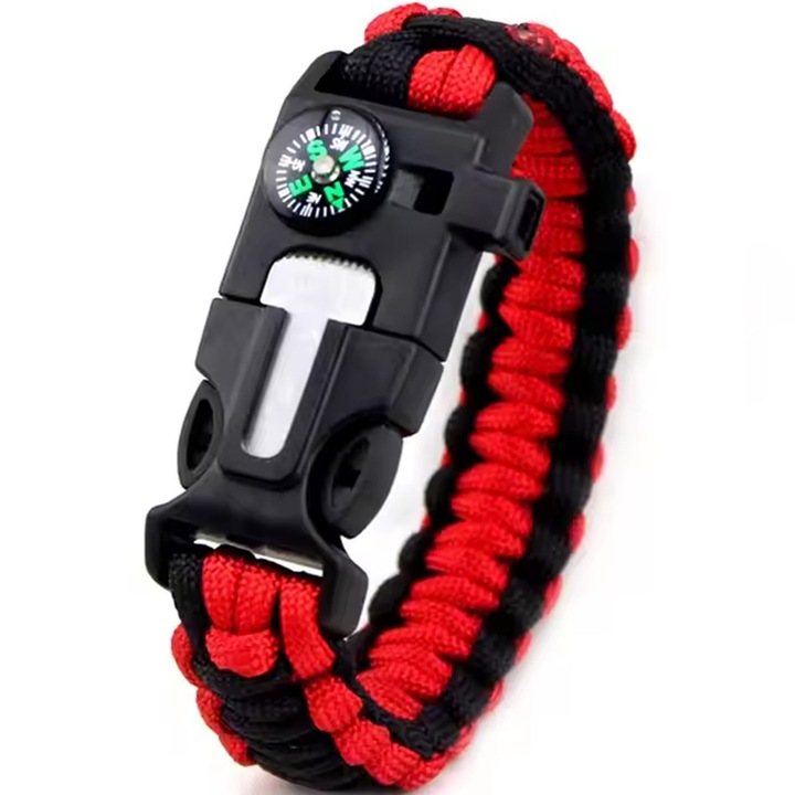Brățară de supraviețuire, IZMAEL, roșie/neagră, 25cm x 2, 2cm, include chibrit, busolă, fluier, cuțit