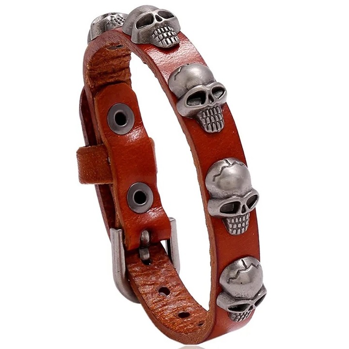 Bratara IZMAEL Small Skull, 22cm, piele ecologică, maro