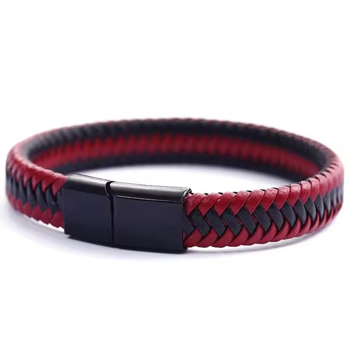 Bratara barbateasca IZMAEL LU-33165, piele ecologica, negru/roșu, 21cm