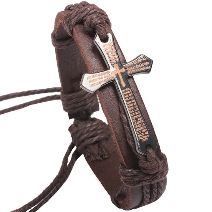 Bratara barbati, IZMAEL, IN-34465 Cross, ajustabila, piele ecologica, maro