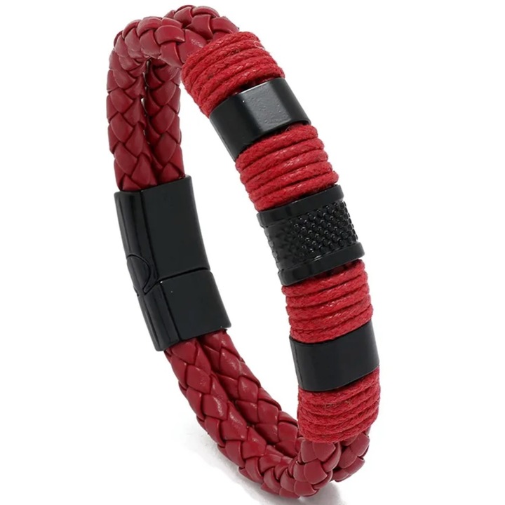 Brățară bărbați, IZMAEL, KE-34320, piele eco, metal, roșie, 21cm