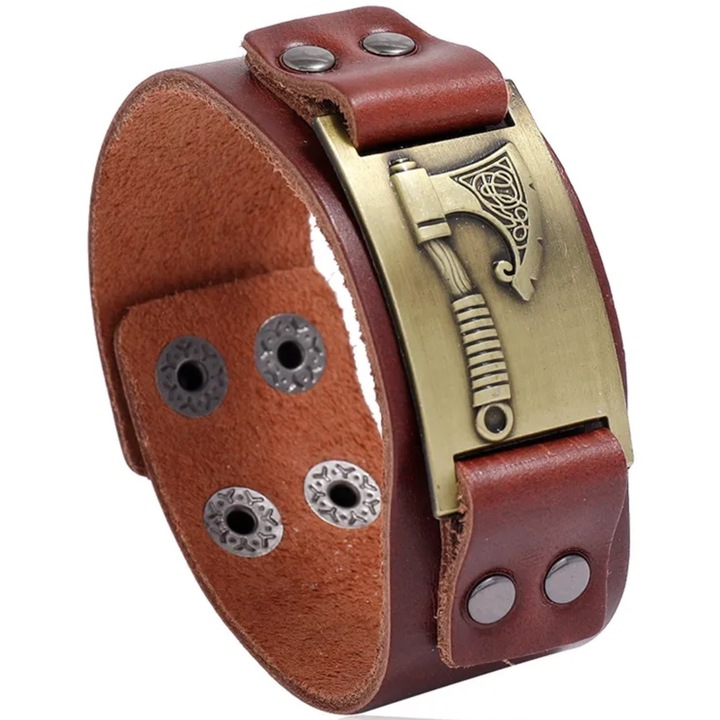 Bratara barbateasca IZMAEL, piele ecologica, 22cm, maro/aurie