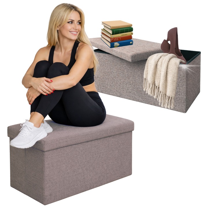 Puf tapitat multifunctional XL gri cu spatiu de depozitare, 76x38x38cm