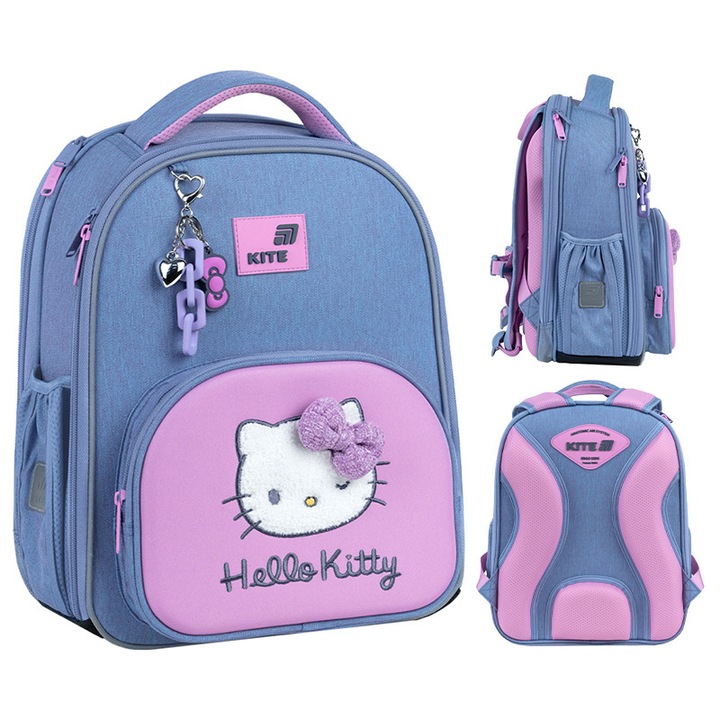 Ghiozdan școlar ortopedic pentru fete Hello Kitty, 38x30x14 cm, 6-12 ani, cu breloc