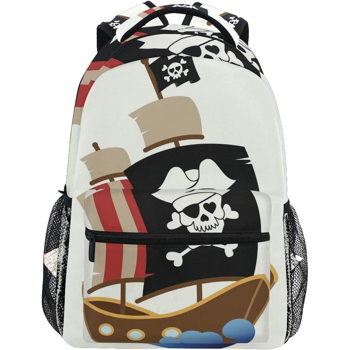 Rucsac școlar Mnsruu, imprimeu cu pirați, 29x23x40cm, bej-multicolor, compartiment generos, confortabil