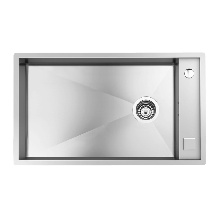 Chiuveta de bucatarie premium Foster, Quadra, 75 x 44 cm, 1 cuva, montare la nivelul blatului/pe blat, 2 orificii standard pentru baterie, material otel inoxidabil, sifon si preaplin incluse, made in Italy, inox