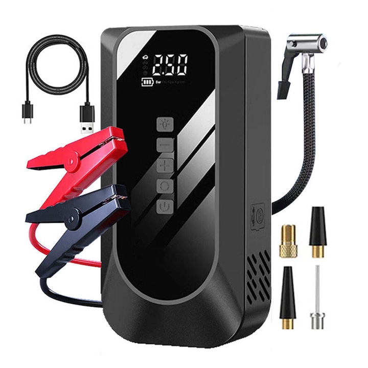 Starter Auto Jump Starter 4-in-1 600A, AHA PRINT®, Compresor Aer, Power Bank 6000mAh, Incarcare, Lanterna, Kit Urgenta 12V Benzina 6.0L / Diesel 3.0L, Pompa Digitala pentru Roti Masina / Moto cu Oprire Automata si Precizie Ridicata, Kit Complet cu Clesti