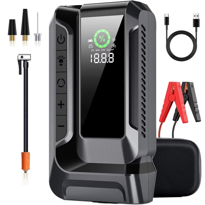 Стартер за кола Мултифункционален MARCINO 4500A 12V, Вграден компресор 150PSI, 24800mAh, Функция фенерче, Преносима батерия, Черен