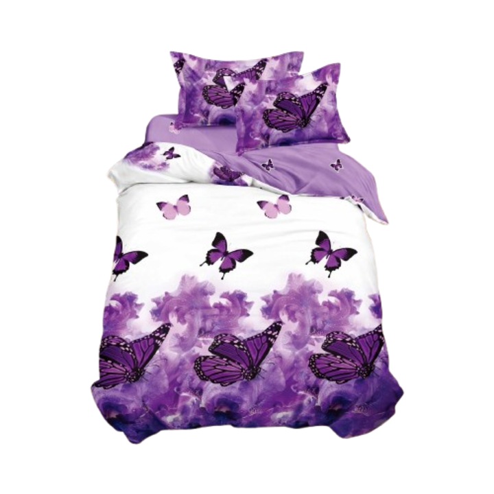 Lenjerie de pat, 1 persoana, fara elastic, 140X200, cm, Imprimeu fluturi movi