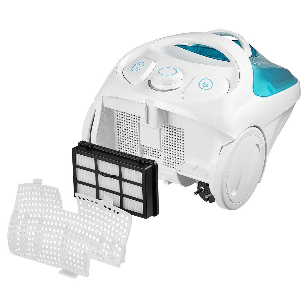 Aspirator Sencor fără sac, 800 W, capacitate 1,5 l, Cyclone cu filtre EPA E12, alb/albastru, 21x32x25 cm