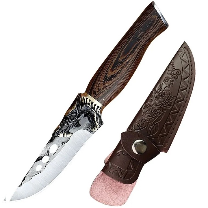 Cutit de bucatarie Izmael DR-30953, otel 5Cr15MoV, maner din lemn maro, 23cm, set cu toc din piele