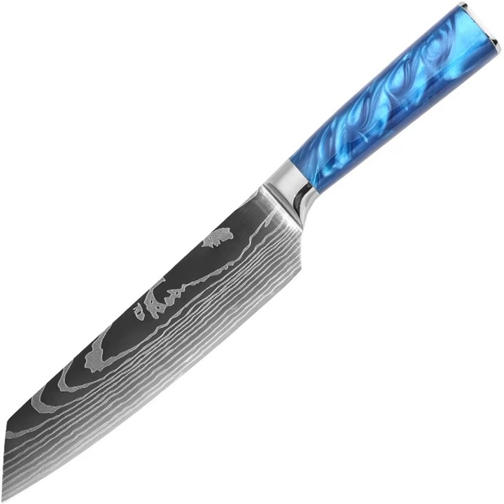 Cutit de bucatarie Kiritsuke, IZMAEL, otel carbon, maner albastru, 32x18cm