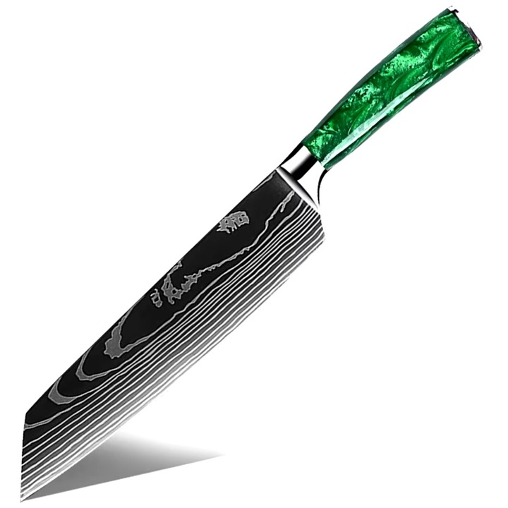 Cutit de bucatarie, IZMAEL, Kiritsuke, otel carbon, argintie cu maner verde, 30cm