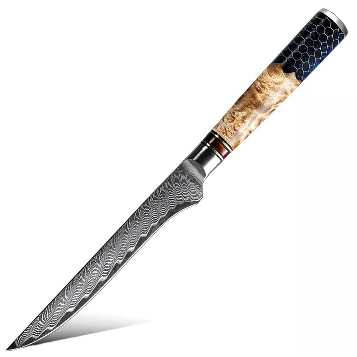 Cutit de bucatarie IZMAEL, Damasc Fagure, 67 straturi, argintiu cu maner maro-albastru, 27, 6cm