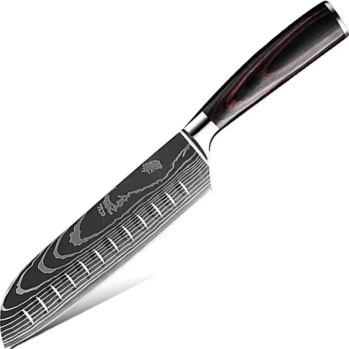 Cutit de bucatarie, IZMAEL, model Santoku, otel carbon, maner verde, 17cm