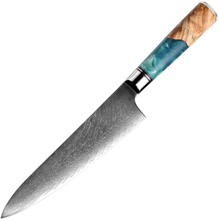 Cutit de bucatarie damasc Izmael Chef, lama 19cm, ergonomic, albastru-maro