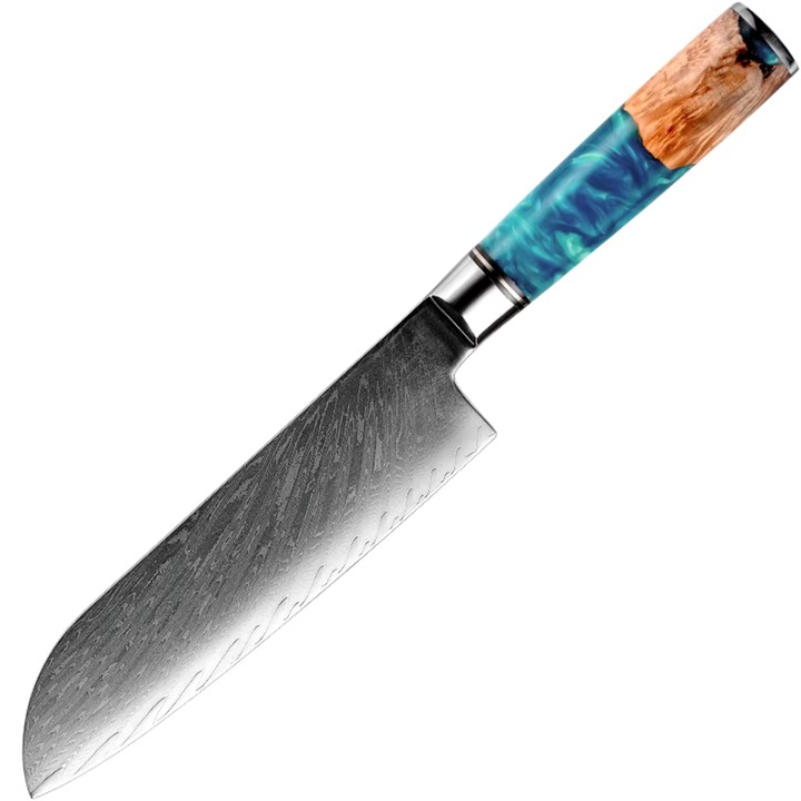 Cutit de bucatarie Santoku, IZMAEL, otel damasc, albastru, 17.5cm