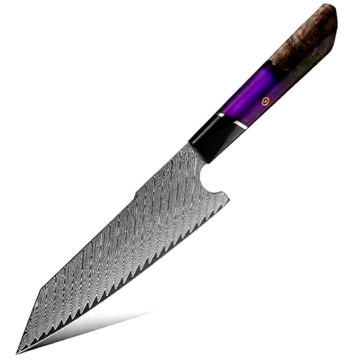 Cutit de bucatarie damasc Kiritsuke IZMAEL, 21, 5cm lama, maner violet-maro