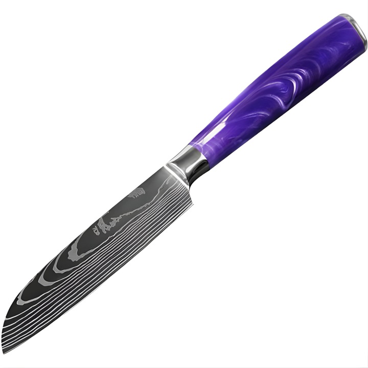 Cutit de bucatarie Izmael Small Santoku, otel carbon, lame argintie, maner violet, 23, 5cm