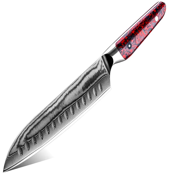 Cutit de bucatarie Santoku, IZMAEL, otel VG-10, lama 19cm, maner rosu, argintie