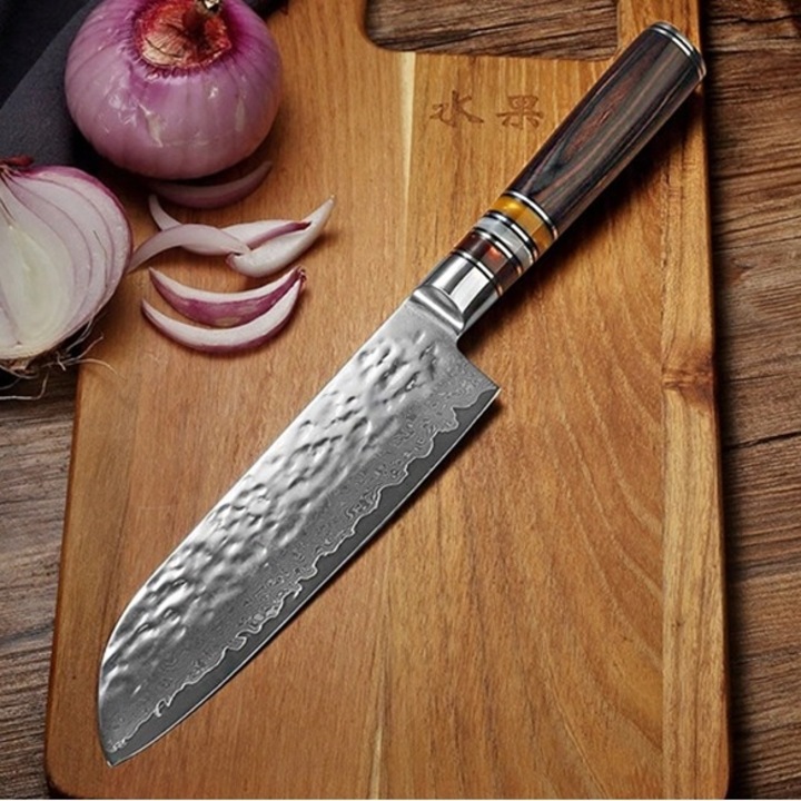 Cutit de bucatarie damascen Izmael, Santoku, argintiu cu maner colorat, 17 cm