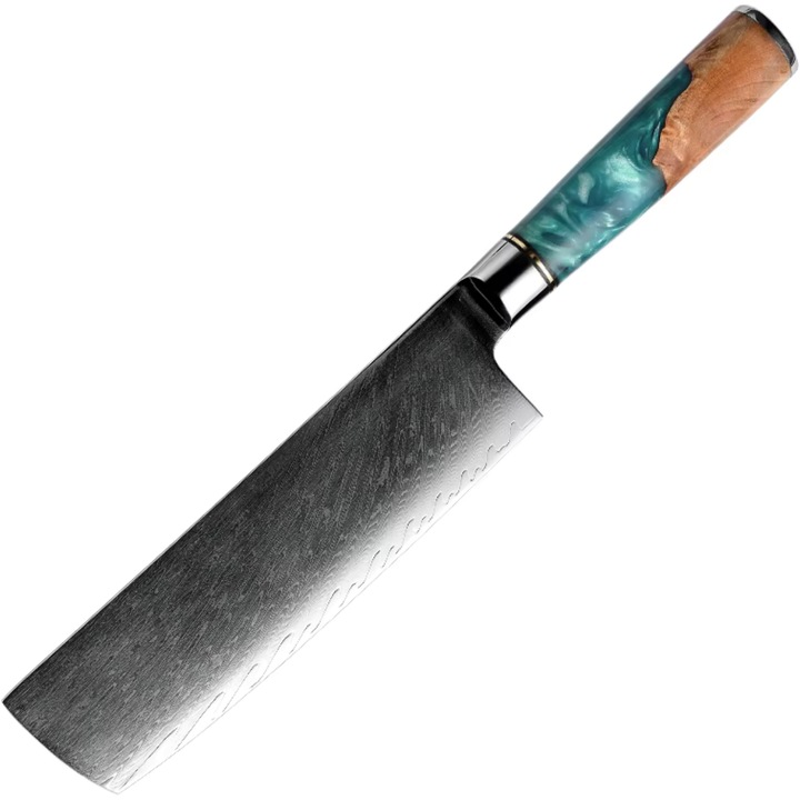 Cutit de bucatarie Nakiri, IZMAEL, otel damasc, maner albastru-maro, 31.5cm