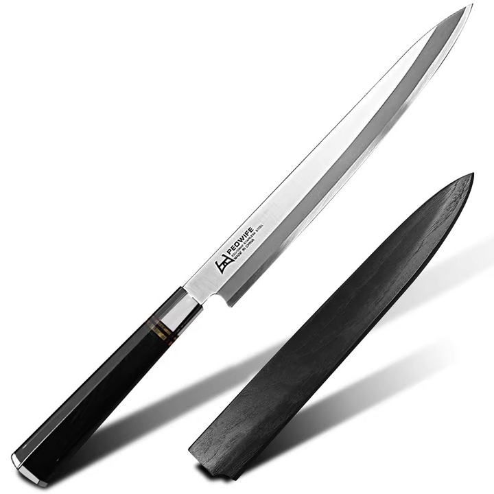 Cutit de bucatarie Izmael, model HARAHU NA-31408, inox, maner lemn de Eben, 25cm, negru