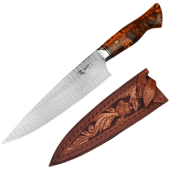 Cutit de bucatarie IZMAEL HARAHU MI-35272, otel damasc, lama 18.5cm, maner din lemn stabilizat, maro