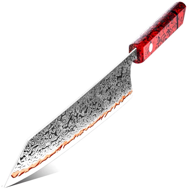 Cutit de bucatarie damasc IZMAEL Kiritsuke, lama 20cm, argintie cu maner rosu