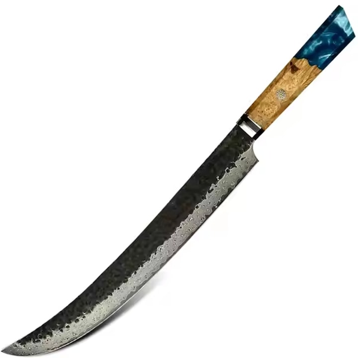 Cutit de bucatarie IZMAEL AI-37594, lama otel VG-10, maner lemn, argintie cu maro-albastru, 38, 5cm x 24, 5cm