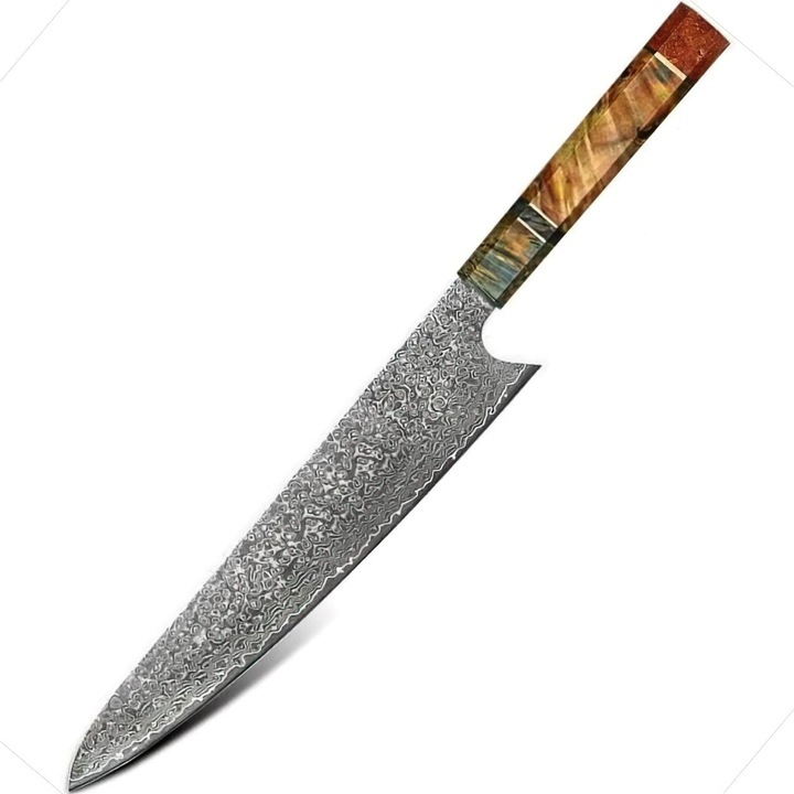 Cutit de bucatarie IZMAEL YO-37573, otel damasc, maner lemn multicolor, 40x25.5cm