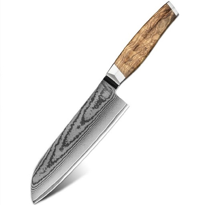 Cutit de bucatarie Santoku IZMAEL, damasc, lemn, maro, 31cm